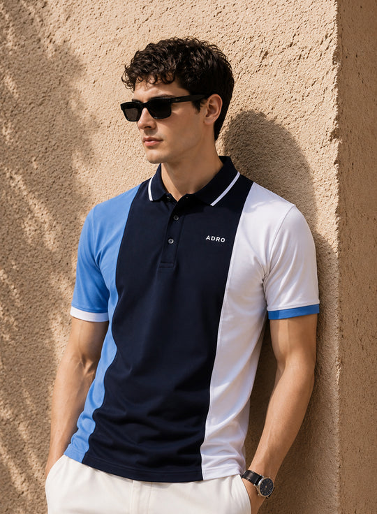 Adro Multicolour Polo T Shirt | 100% Cotton Mens Polo Tshirt | Regular Fit Half Sleeve Cut & Sew Polo T-shirt for men  | Ocean Streak