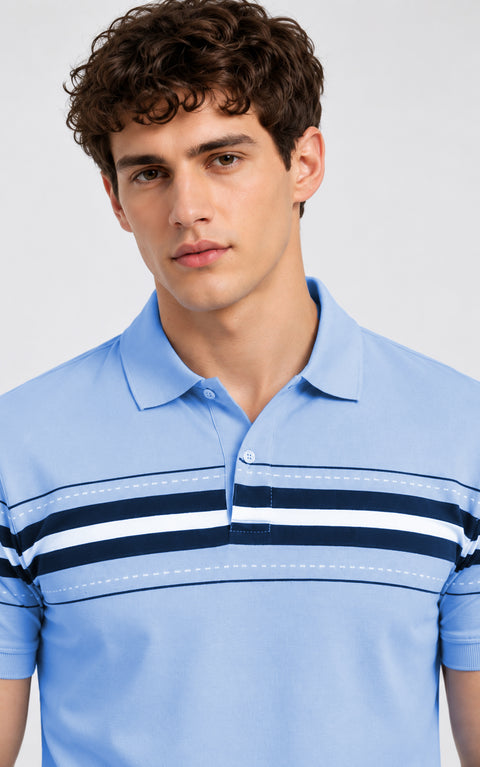 ADRO Men's Printed Stripe Polo T-Shirt | Regular Fit Half Sleeve | Blue