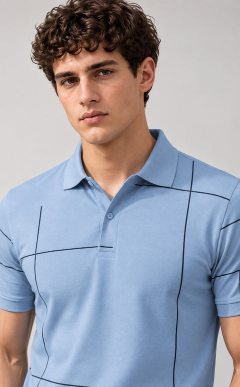 ADRO Men's Printed Stripe Polo T-Shirt | Regular Fit Half Sleeve | Sky Blue