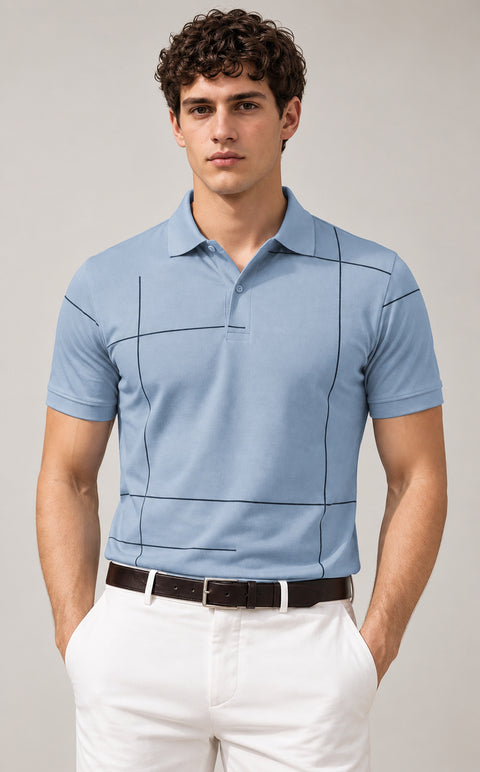 ADRO Men's Printed Stripe Polo T-Shirt | Regular Fit Half Sleeve | Sky Blue