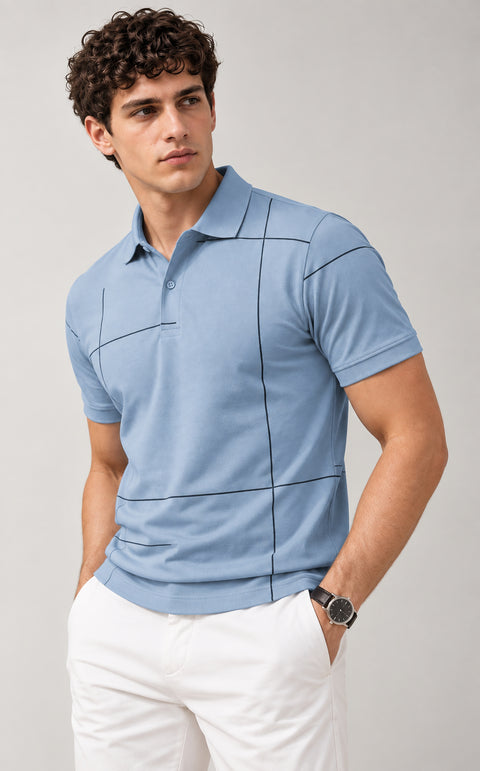 ADRO Men's Printed Stripe Polo T-Shirt | Regular Fit Half Sleeve | Sky Blue