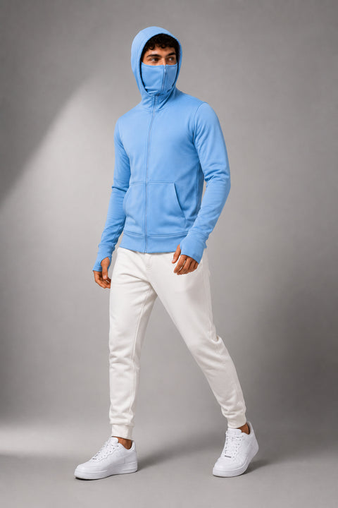 ADRO Balaclava Hoodie for Men | 300 GSM Cotton fleece Warm Fabric| Ski Mask Hooded Jacket for Men | Mens Hoodies with Gloves | Powder Blue