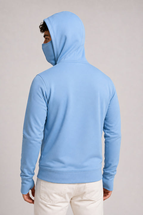 ADRO Balaclava Hoodie for Men | 300 GSM Cotton fleece Warm Fabric| Ski Mask Hooded Jacket for Men | Mens Hoodies with Gloves | Powder Blue