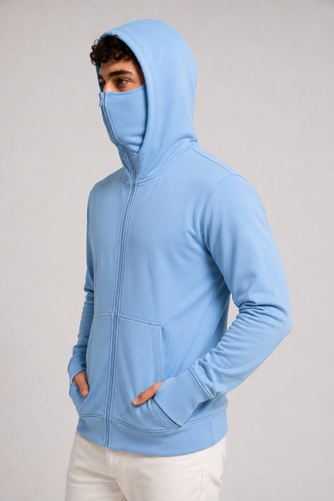 ADRO Balaclava Hoodie for Men | 300 GSM Cotton fleece Warm Fabric| Ski Mask Hooded Jacket for Men | Mens Hoodies with Gloves | Powder Blue