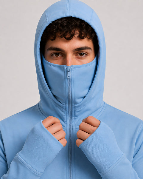 ADRO Balaclava Hoodie for Men | 300 GSM Cotton fleece Warm Fabric| Ski Mask Hooded Jacket for Men | Mens Hoodies with Gloves | Powder Blue