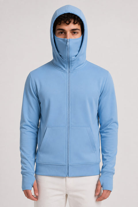 ADRO Balaclava Hoodie for Men | 300 GSM Cotton fleece Warm Fabric| Ski Mask Hooded Jacket for Men | Mens Hoodies with Gloves | Powder Blue