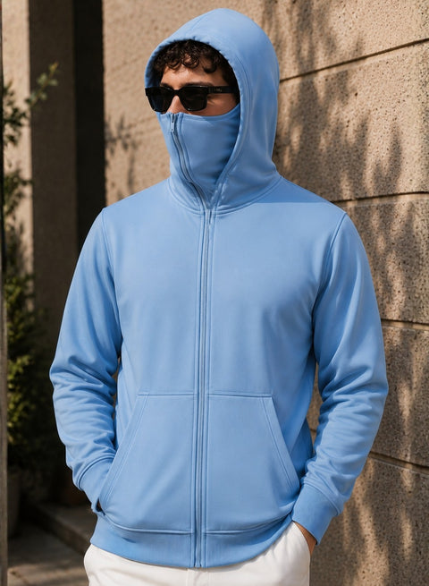 ADRO Balaclava Hoodie for Men | 300 GSM Cotton fleece Warm Fabric| Ski Mask Hooded Jacket for Men | Mens Hoodies with Gloves | Powder Blue
