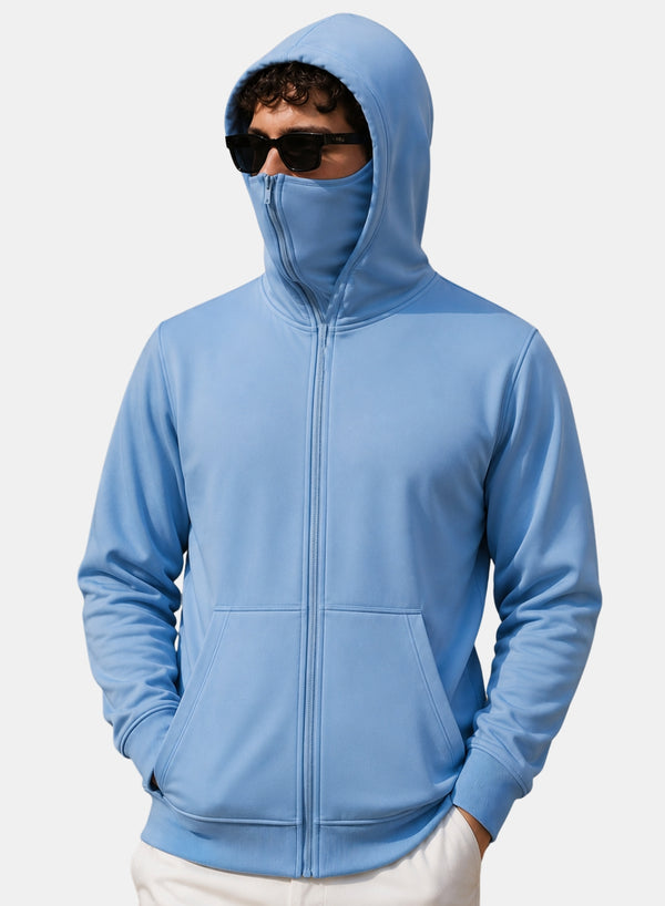 ADRO Balaclava Hoodie for Men | 300 GSM Cotton fleece Warm Fabric| Ski Mask Hooded Jacket for Men | Mens Hoodies with Gloves | Powder Blue