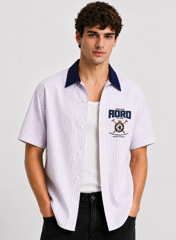 ADRO Signature Series Half Sleeve Striped Shirt for Men | Cotton Blend Casual Shirts | Relaxed Fit Contrast Collar Summer Wear | Lavender