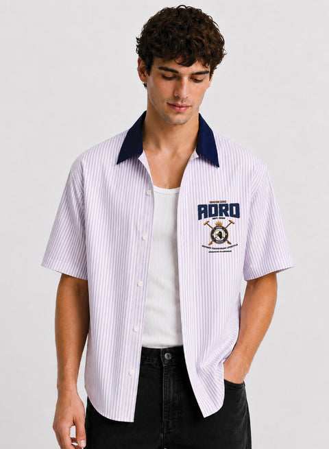 ADRO Signature Series Half Sleeve Striped Shirt for Men | Cotton Blend Casual Shirts | Relaxed Fit Contrast Collar Summer Wear | Lavender