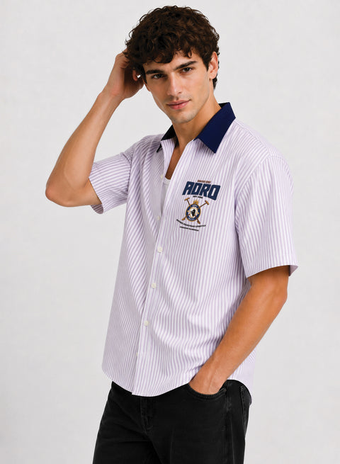ADRO Signature Series Half Sleeve Striped Shirt for Men | Cotton Blend Casual Shirts | Relaxed Fit Contrast Collar Summer Wear | Lavender