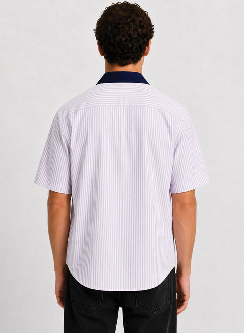 ADRO Signature Series Half Sleeve Striped Shirt for Men | Cotton Blend Casual Shirts | Relaxed Fit Contrast Collar Summer Wear | Lavender