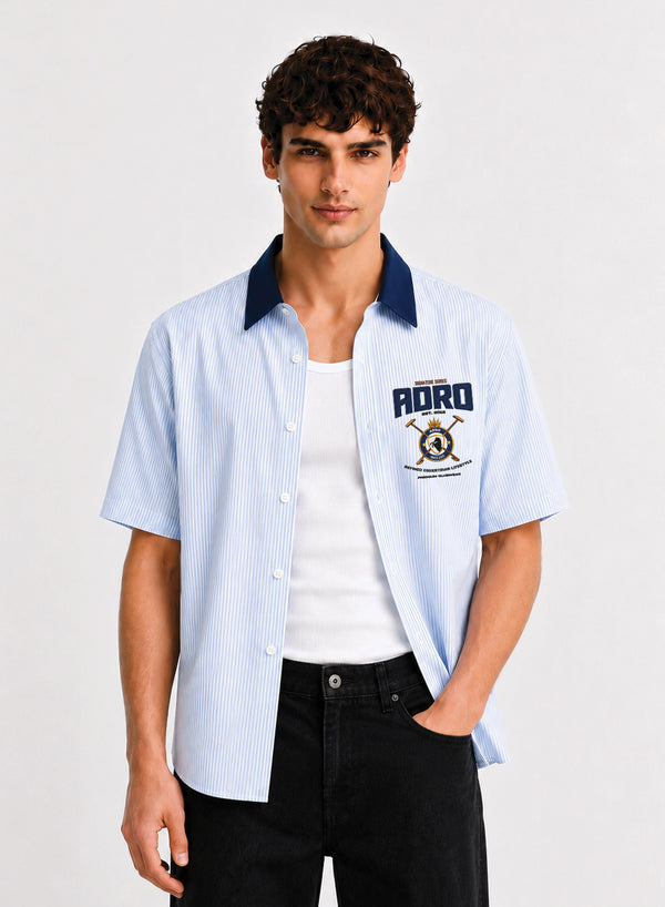 ADRO Signature Series Half Sleeve Striped Shirt for Men | Cotton Blend Casual Shirts | Relaxed Fit Contrast Collar Summer Wear | Sky Blue