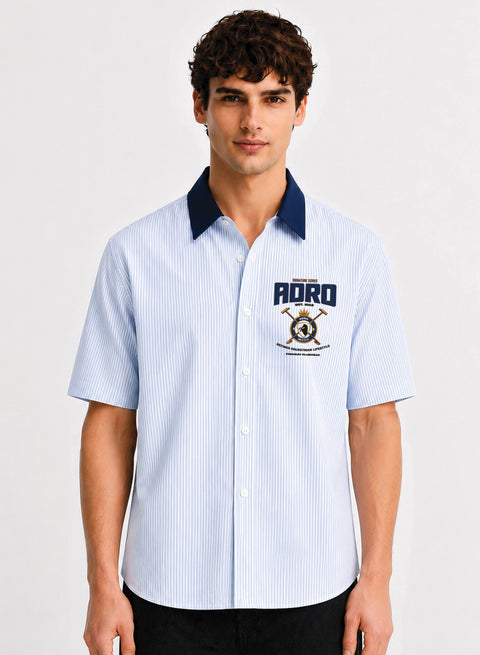 ADRO Signature Series Half Sleeve Striped Shirt for Men | Cotton Blend Casual Shirts | Relaxed Fit Contrast Collar Summer Wear | Sky Blue
