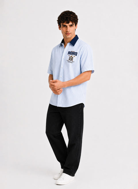 ADRO Signature Series Half Sleeve Striped Shirt for Men | Cotton Blend Casual Shirts | Relaxed Fit Contrast Collar Summer Wear | Sky Blue