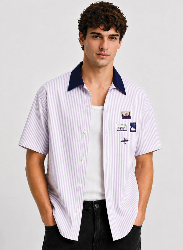 ADRO World Stamps Half Sleeve Striped Shirt for Men | Cotton Blend Casual Shirts | Relaxed Fit Contrast Collar Summer Wear | Lavender