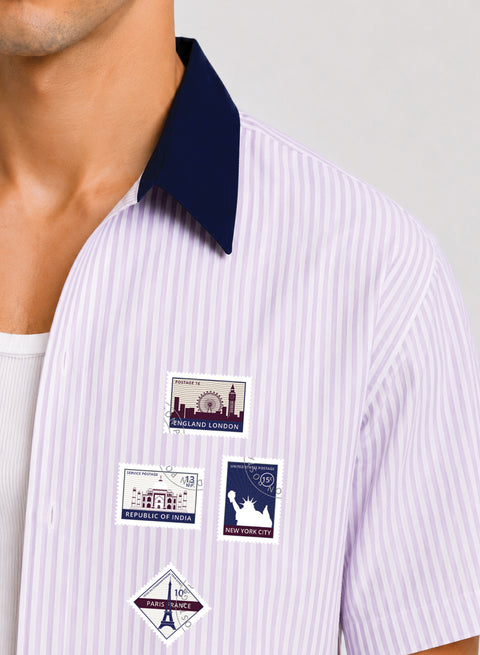 ADRO World Stamps Half Sleeve Striped Shirt for Men | Cotton Blend Casual Shirts | Relaxed Fit Contrast Collar Summer Wear | Lavender