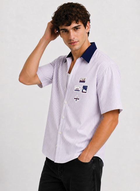 ADRO World Stamps Half Sleeve Striped Shirt for Men | Cotton Blend Casual Shirts | Relaxed Fit Contrast Collar Summer Wear | Lavender