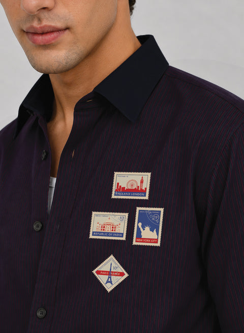 ADRO World Stamps Half Sleeve Striped Shirt for Men | Cotton Blend Casual Shirts | Relaxed Fit Contrast Collar Summer Wear | Maroon