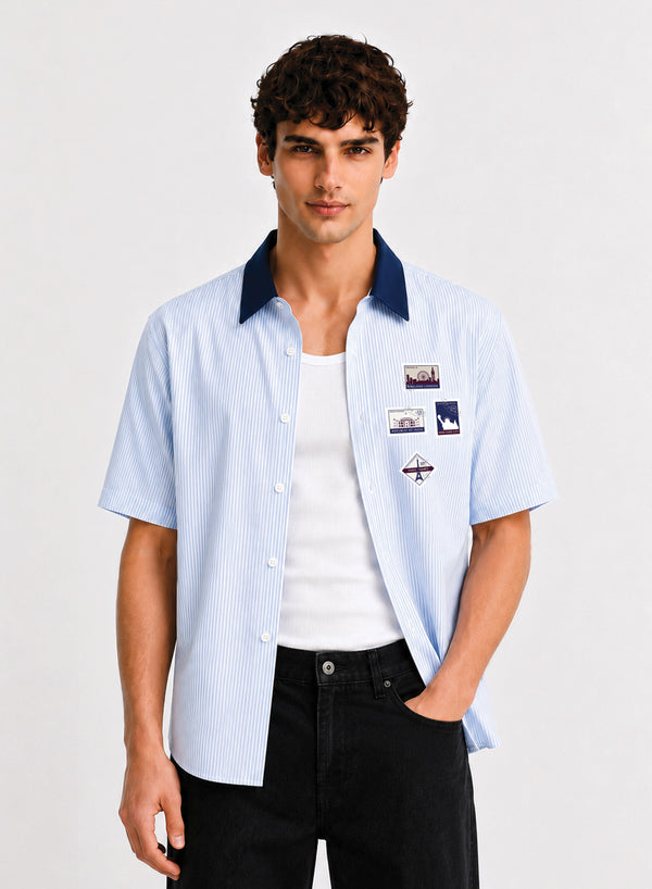 ADRO World Stamps Half Sleeve Striped Shirt for Men | Cotton Blend Casual Shirts | Relaxed Fit Contrast Collar Summer Wear | Sky Blue