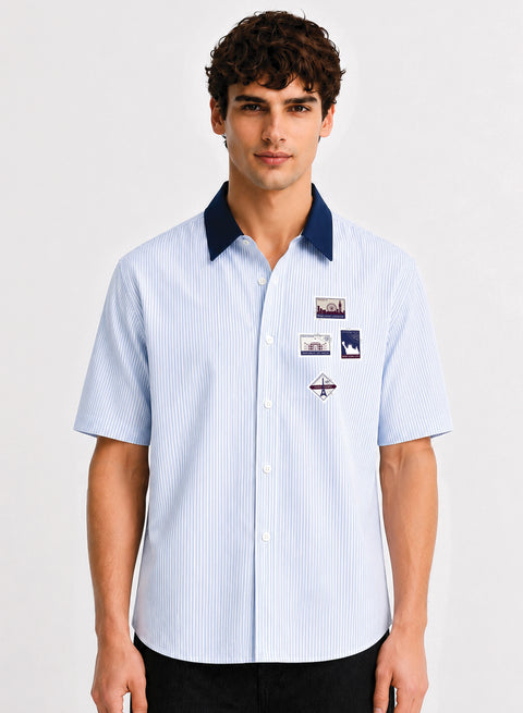 ADRO World Stamps Half Sleeve Striped Shirt for Men | Cotton Blend Casual Shirts | Relaxed Fit Contrast Collar Summer Wear | Sky Blue