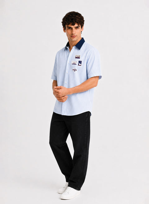 ADRO World Stamps Half Sleeve Striped Shirt for Men | Cotton Blend Casual Shirts | Relaxed Fit Contrast Collar Summer Wear | Sky Blue