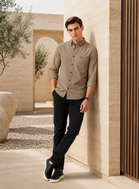 ADRO Men's Premium Oxford Cotton Shirt | Full Sleeve Casual Shirt | Regular Fit | Khaki