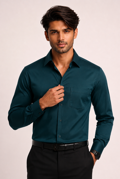 ADRO Premium Cotton Satin Shirt for Men | Casual Fit Solid Full Sleeve Shirt in Deep Teal