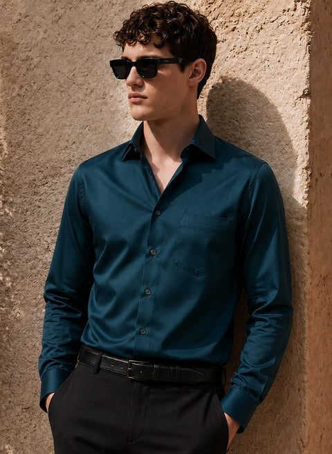ADRO Premium Cotton Satin Shirt for Men | Casual Fit Solid Full Sleeve Shirt in Deep Teal