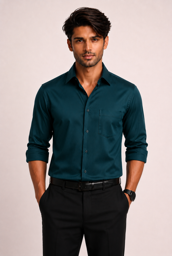 ADRO Premium Cotton Satin Shirt for Men | Casual Fit Solid Full Sleeve Shirt in Deep Teal