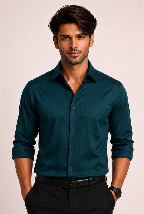 ADRO Premium Cotton Satin Shirt for Men | Casual Fit Solid Full Sleeve Shirt in Deep Teal Deep Teal