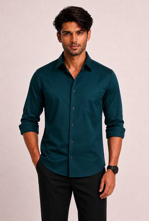 ADRO Premium Cotton Satin Shirt for Men | Casual Fit Solid Full Sleeve Shirt in Deep Teal