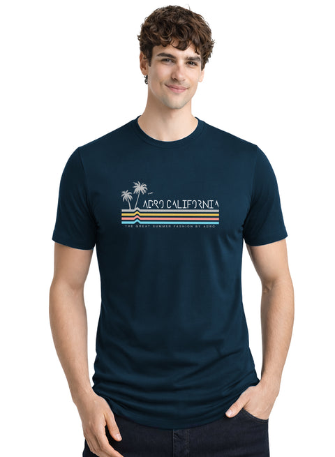 Adro Mens California Graphic T-Shirt | Retro Stripe Print Cotton Summer Tshirt | Stylish Beach T shirt | Comfortable Graphic Tee Teal Blue