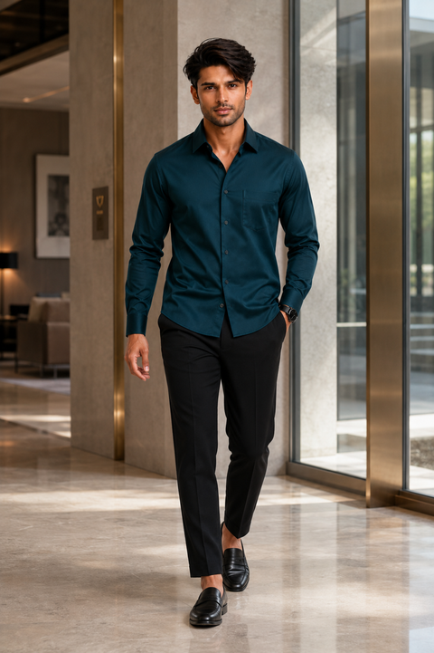 ADRO Premium Cotton Satin Shirt for Men | Casual Fit Solid Full Sleeve Shirt in Deep Teal