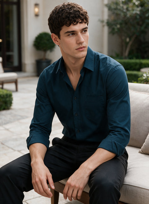 ADRO Men's Premium Cotton Satin Shirt | Solid Full Sleeve Casual Shirt | Regular Fit | Teal Blue