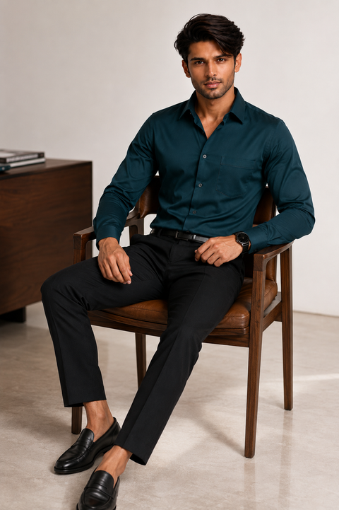 ADRO Premium Cotton Satin Shirt for Men | Casual Fit Solid Full Sleeve Shirt in Deep Teal