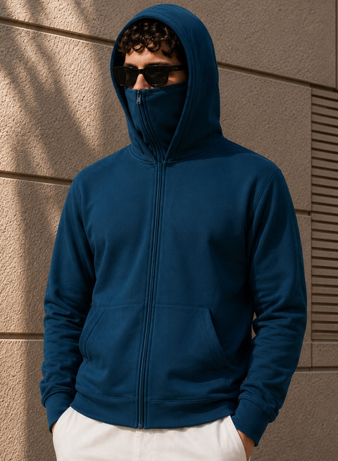 ADRO Balaclava Hoodie for Men | 300 GSM Cotton fleece Warm Fabric| Ski Mask Hooded Jacket for Men | Mens Hoodies with Gloves | Ocean Teal
