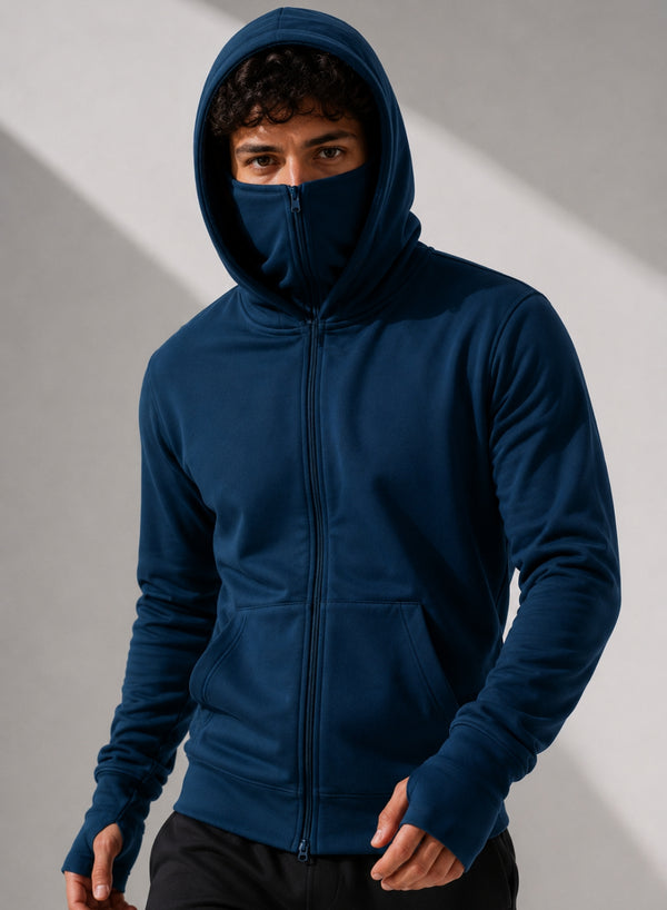ADRO Balaclava Hoodie for Men | 300 GSM Cotton fleece Warm Fabric| Ski Mask Hooded Jacket for Men | Mens Hoodies with Gloves | Ocean Teal