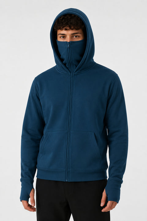 ADRO Balaclava Hoodie for Men | 300 GSM Cotton fleece Warm Fabric| Ski Mask Hooded Jacket for Men | Mens Hoodies with Gloves | Ocean Teal