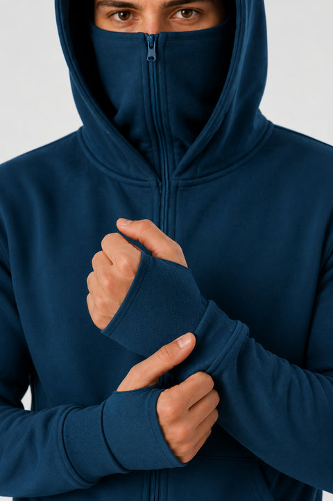 ADRO Balaclava Hoodie for Men | 300 GSM Cotton fleece Warm Fabric| Ski Mask Hooded Jacket for Men | Mens Hoodies with Gloves | Ocean Teal
