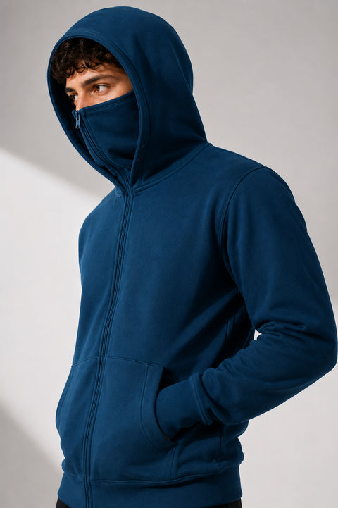 ADRO Balaclava Hoodie for Men | 300 GSM Cotton fleece Warm Fabric| Ski Mask Hooded Jacket for Men | Mens Hoodies with Gloves | Ocean Teal