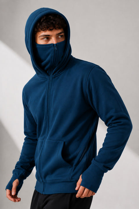 ADRO Balaclava Hoodie for Men | 300 GSM Cotton fleece Warm Fabric| Ski Mask Hooded Jacket for Men | Mens Hoodies with Gloves | Ocean Teal