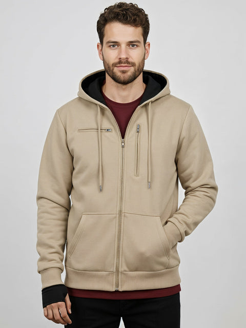Adro Travel Hoodie for Men | Mens Multi Utility Zipper Hoodies| 320 GSM Soft Cotton |Men's Winter Sweatshirt | Waterproof Pockets Zip-Up Jacket with Hood Eye Shade