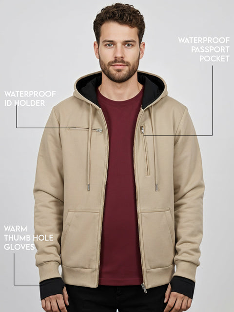 Adro Travel Hoodie for Men | Mens Multi Utility Zipper Hoodies| 320 GSM Soft Cotton |Men's Winter Sweatshirt | Waterproof Pockets Zip-Up Jacket with Hood Eye Shade