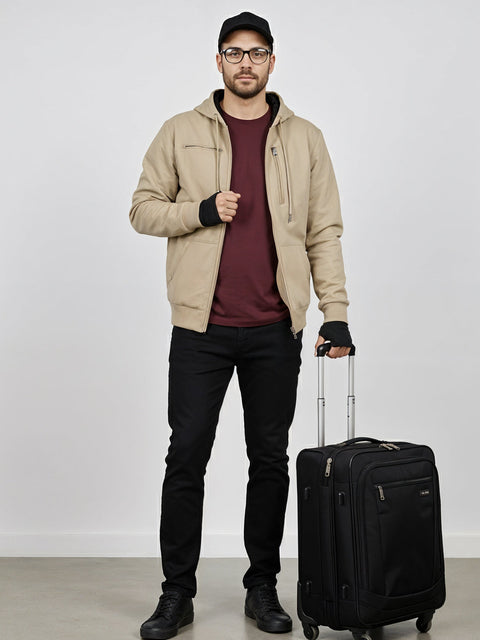 Adro Travel Hoodie for Men | Mens Multi Utility Zipper Hoodies| 320 GSM Soft Cotton |Men's Winter Sweatshirt | Waterproof Pockets Zip-Up Jacket with Hood Eye Shade