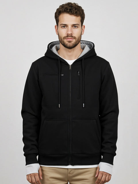 Adro Travel Hoodie for Men | Mens Multi Utility Zipper Hoodies| 320 GSM Soft Cotton |Men's Winter Sweatshirt | Waterproof Pockets Zip-Up Jacket with Hood Eye Shade