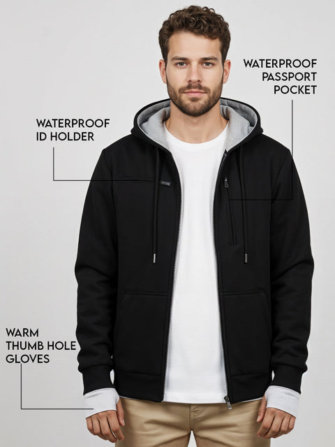 Adro Travel Hoodie for Men | Mens Multi Utility Zipper Hoodies| 320 GSM Soft Cotton |Men's Winter Sweatshirt | Waterproof Pockets Zip-Up Jacket with Hood Eye Shade