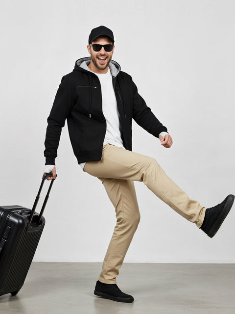 Adro Travel Hoodie for Men | Mens Multi Utility Zipper Hoodies| 320 GSM Soft Cotton |Men's Winter Sweatshirt | Waterproof Pockets Zip-Up Jacket with Hood Eye Shade