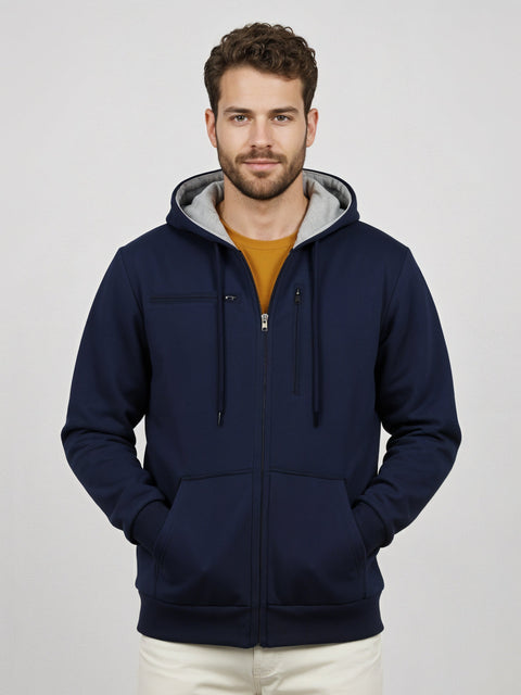 Adro Travel Hoodie for Men | Mens Multi Utility Zipper Hoodies| 320 GSM Soft Cotton |Men's Winter Sweatshirt | Waterproof Pockets Zip-Up Jacket with Hood Eye Shade