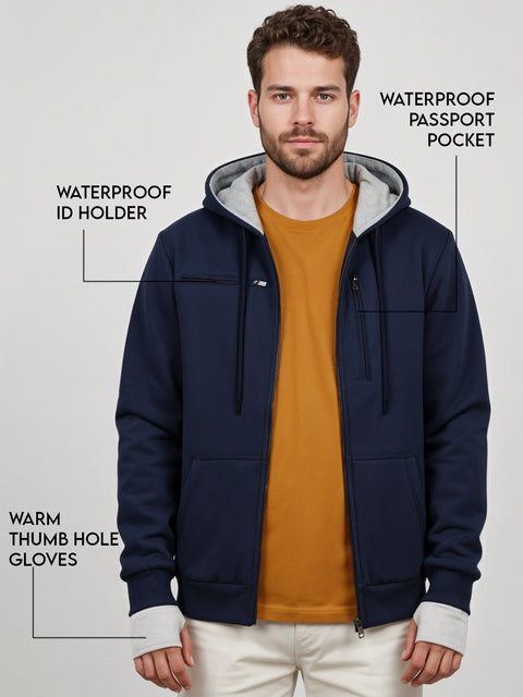 Adro Travel Hoodie for Men | Mens Multi Utility Zipper Hoodies| 320 GSM Soft Cotton |Men's Winter Sweatshirt | Waterproof Pockets Zip-Up Jacket with Hood Eye Shade